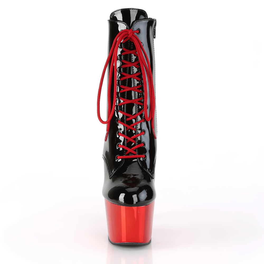 Chic red and black stiletto lace-up ankle boots with a glossy finish and striking platform design.