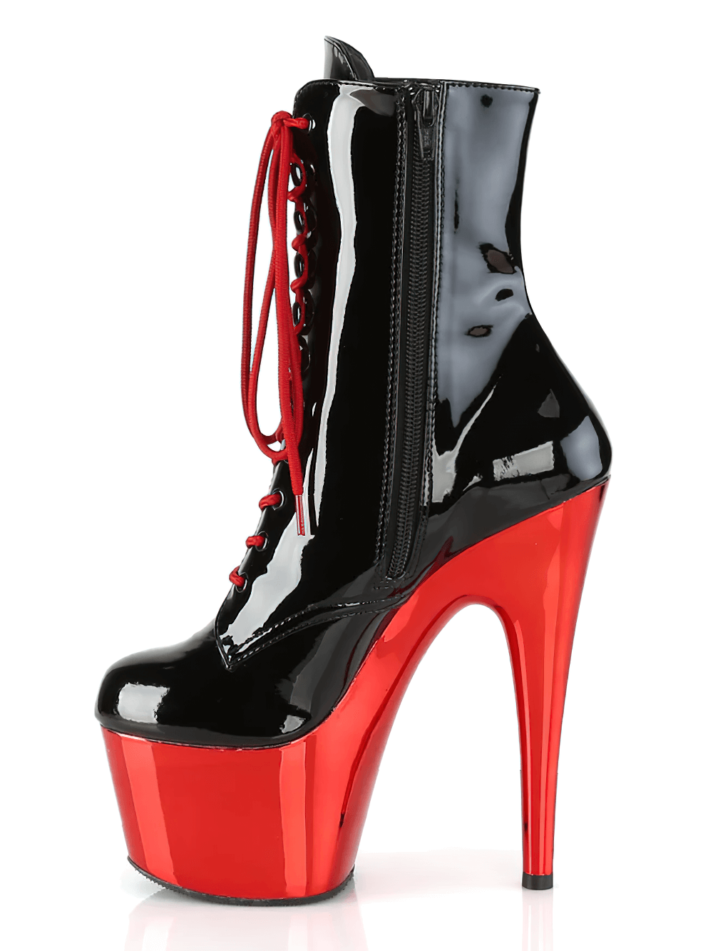 Chic red and black stiletto lace-up ankle boots with a 7-inch heel and shiny patent finish.