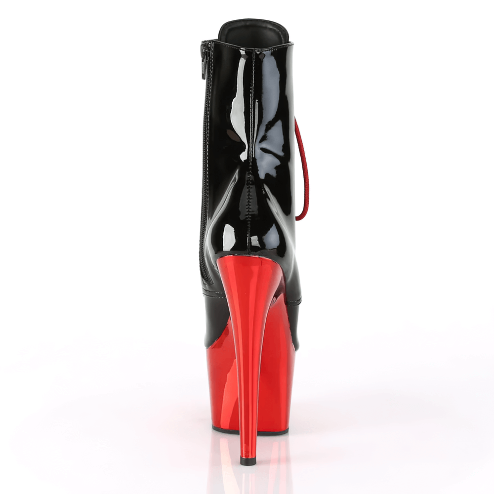 Back view of PLEASER red and black lace-up ankle boots with a high stiletto heel and shiny patent finish.