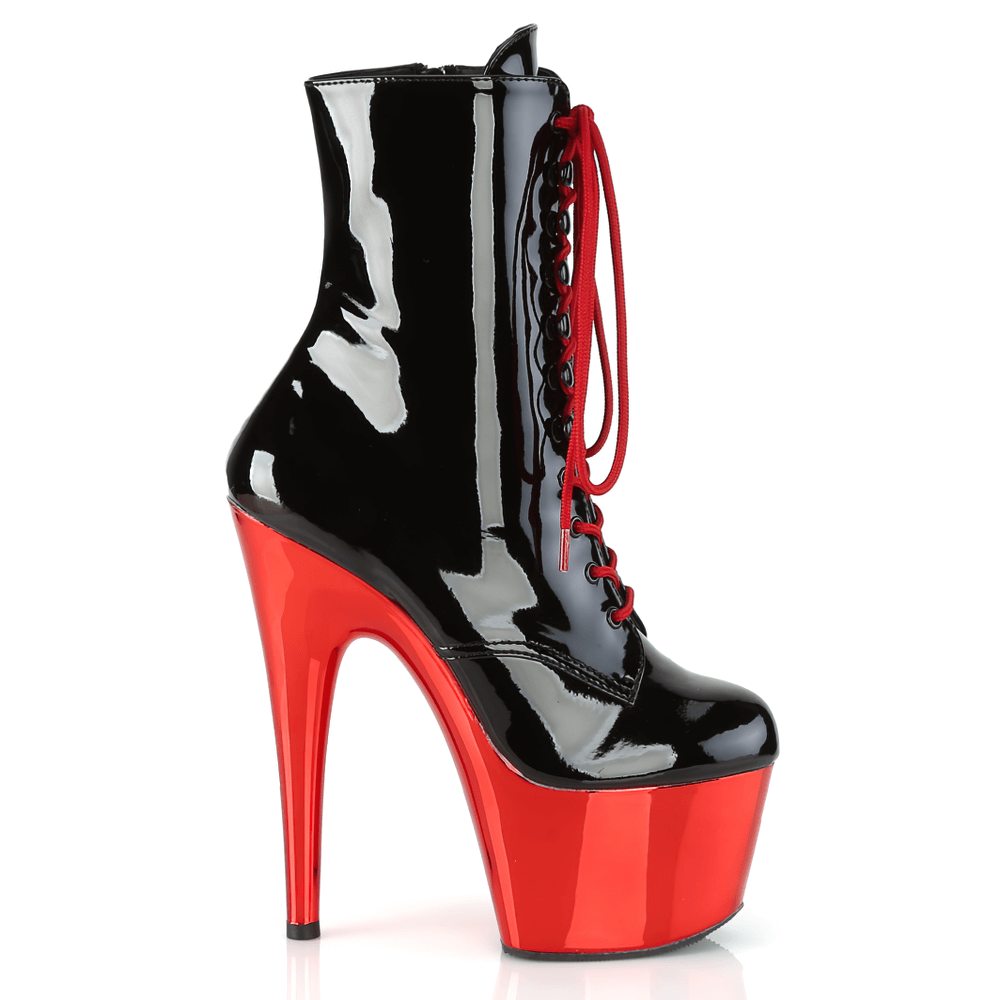 Chic red and black stiletto lace-up ankle boots with a high heel and platform. Perfect for bold fashion statements.