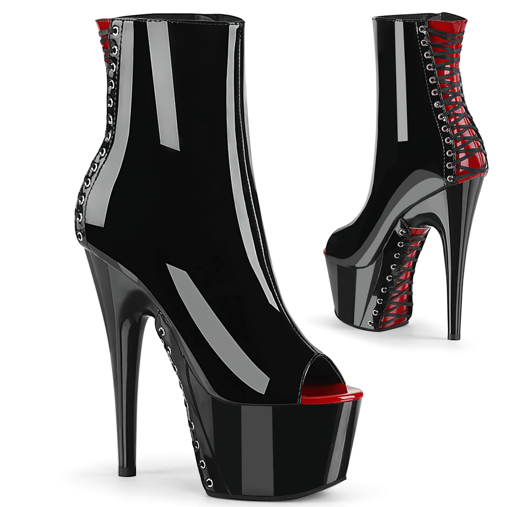 Glossy black and red peep-toe ankle boots with lace-up detail and high platform heels for women.