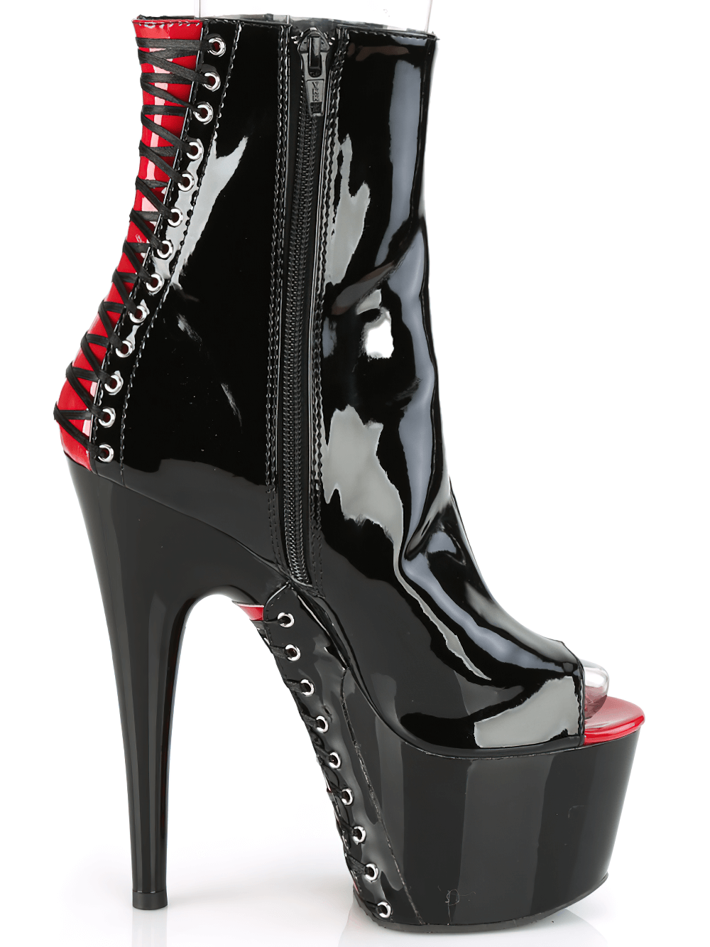 Glossy red-black peep-toe ankle boots with lace-up detail and high heel, perfect for making a bold fashion statement.
