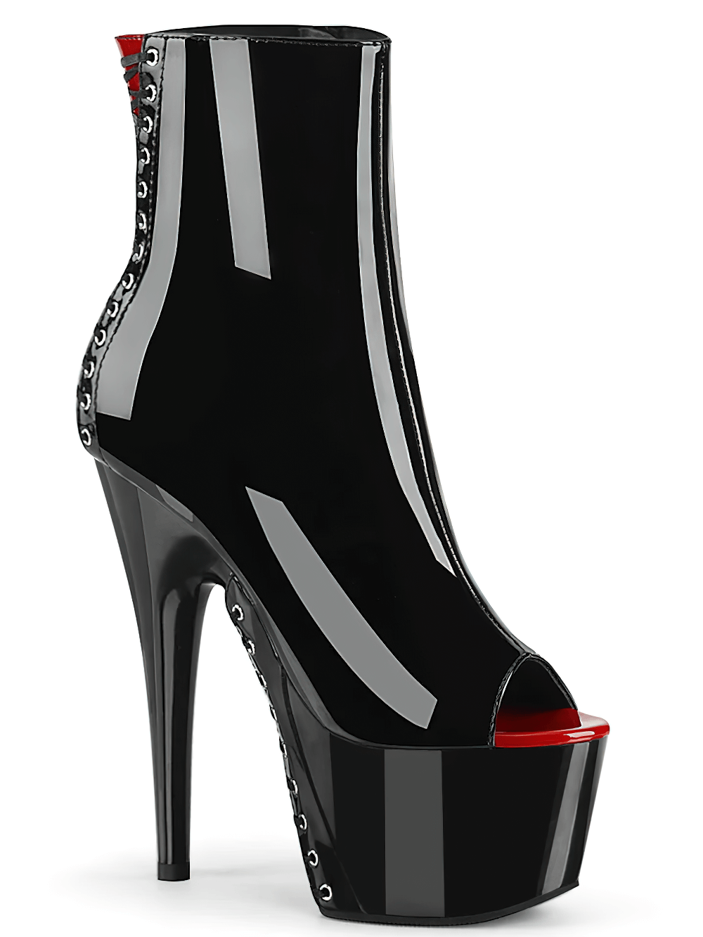 Glossy red-black peep-toe ankle boots with lace-up detail and a towering 7-inch heel for bold elegance.