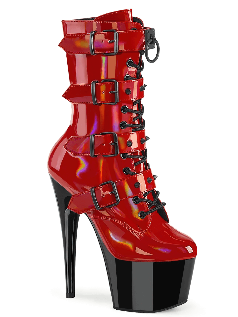 Edgy red and black studded ankle boots with 7-inch heel and lace-up design, perfect for a daring style.