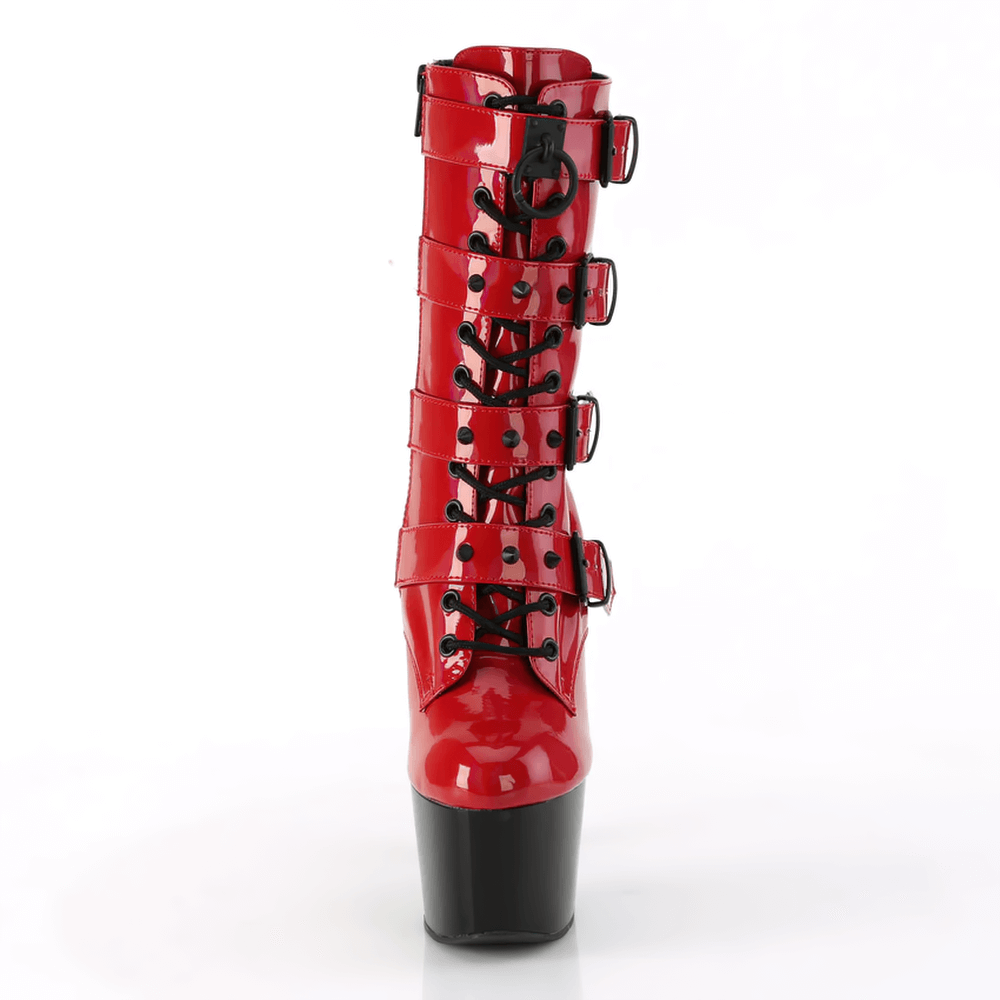 Bold red and black studded ankle boots with lace-up design and 7-inch heel, perfect for a daring style.