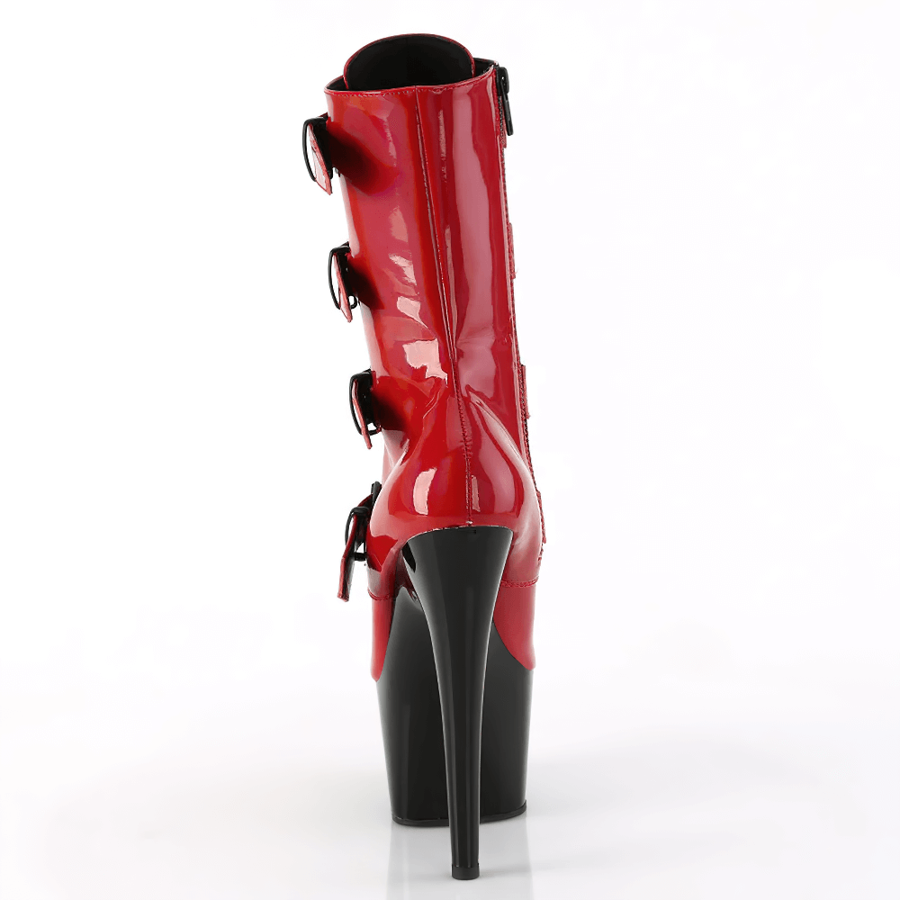 Back view of PLEASER red and black studded 7-inch heel boots with lace-up details and buckle straps.