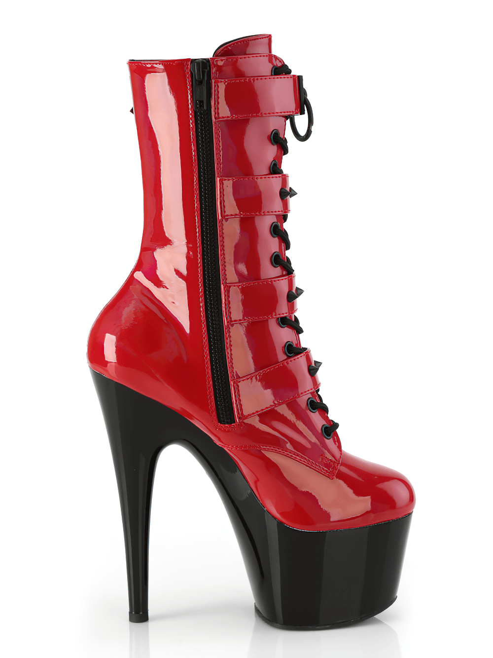 Red and black studded lace-up ankle boots with a 7-inch heel and inner zip for a bold look.