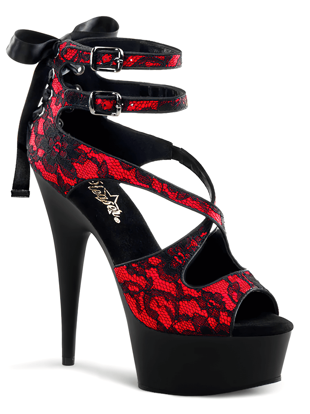 PLEASER Red Criss-Cross Stiletto Sandals with Lace