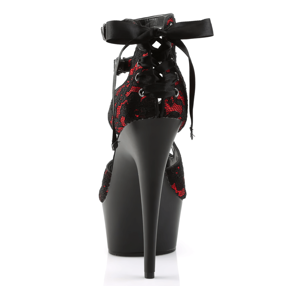 Back view of PLEASER red criss-cross stiletto sandals with lace, showcasing elegant design and 6-inch heel.