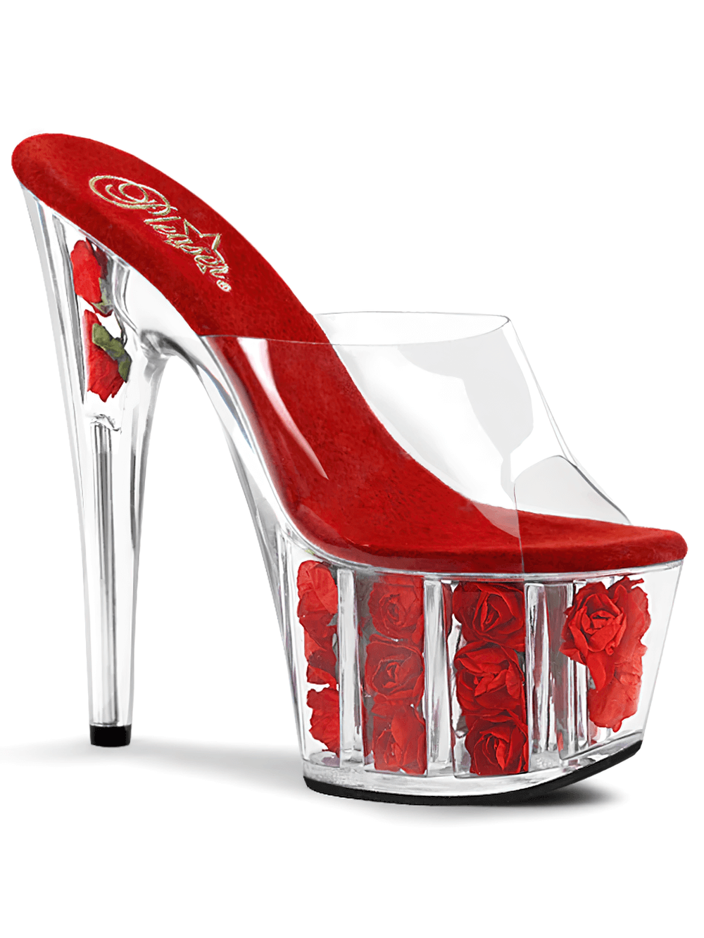 PLEASER Red Floral Platform Slides with Clear Stiletto and Vibrant Faux Roses for a Dramatic Look.