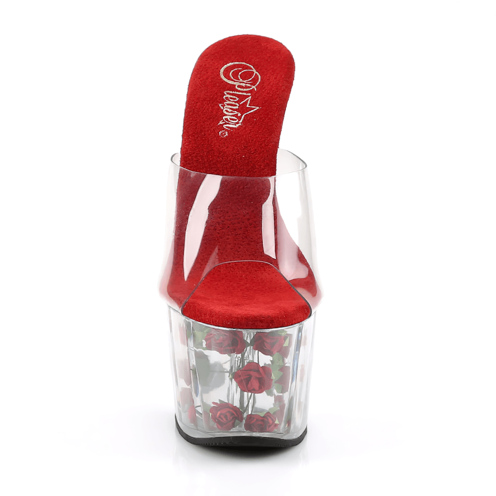 PLEASER red floral platform slides with clear stiletto heel and faux roses for women.