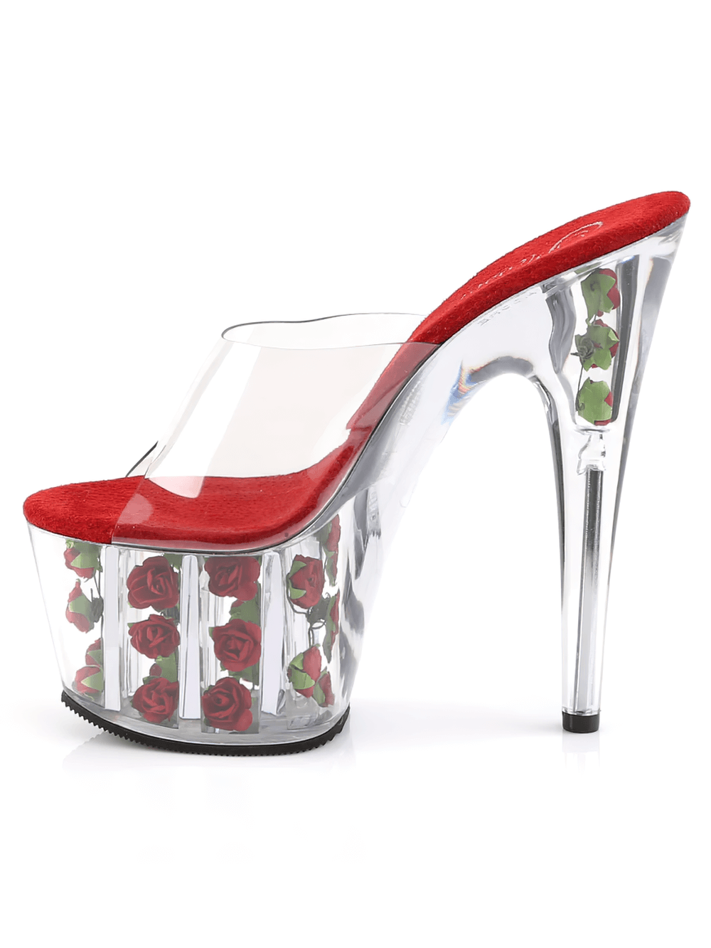 PLEASER red floral platform slides with clear stiletto heel showcasing vibrant faux roses and sleek transparent strap.