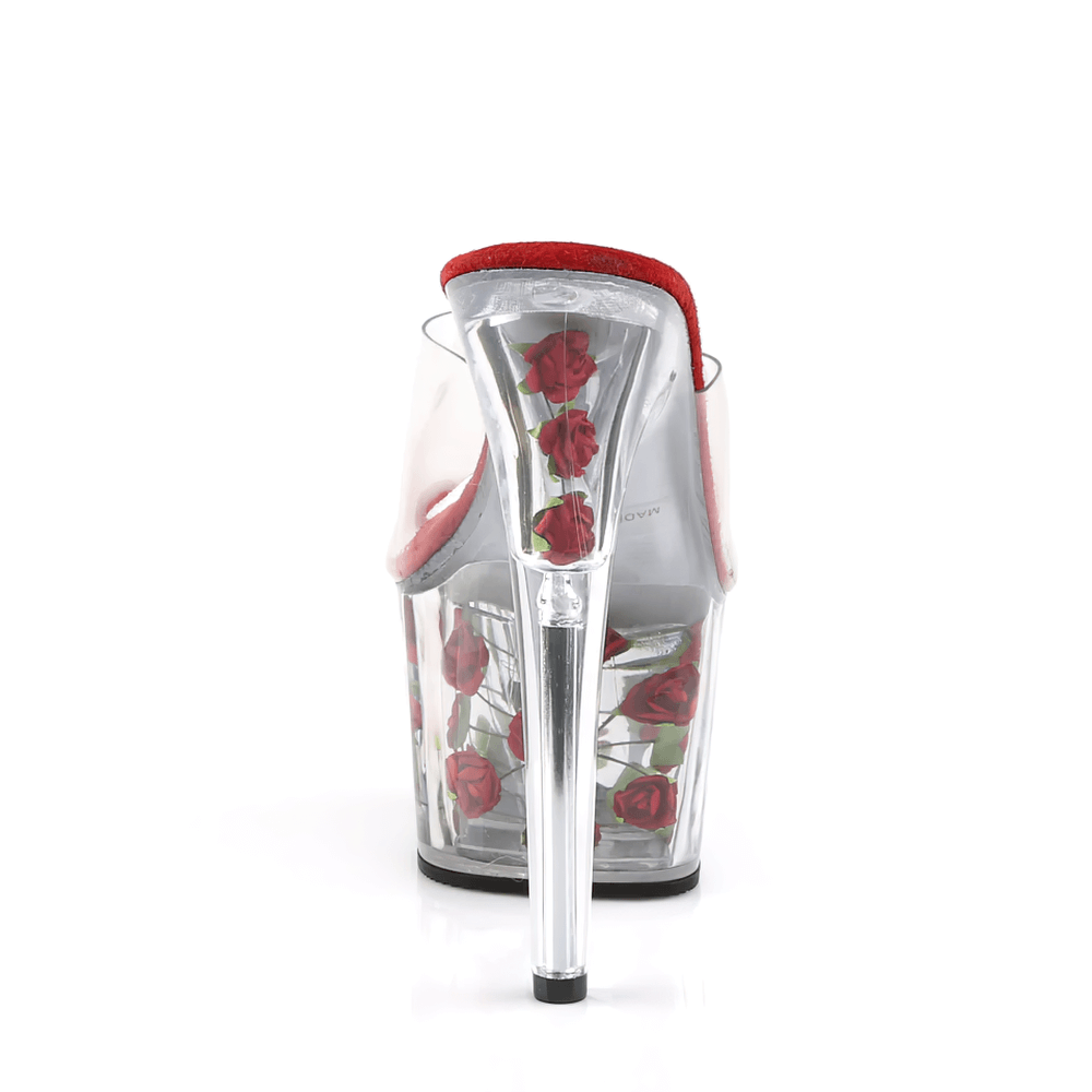 Clear heel platform slides with vibrant red faux roses and stylish transparent strap for women.