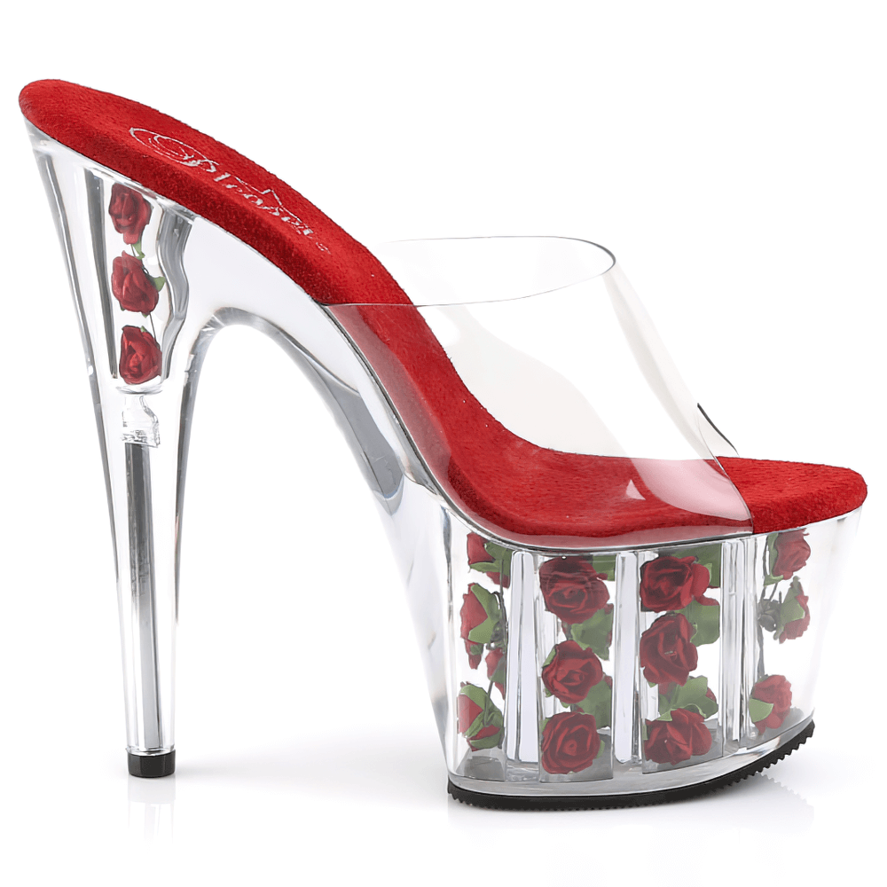 PLEASER Red Floral Platform Slides with Clear Stiletto, showcasing vibrant faux roses and sleek transparent strap.