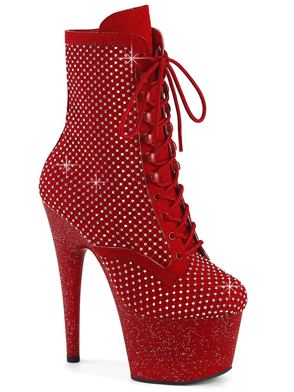 Sparkling red glitter rhinestone lace-up ankle boots with a 7-inch heel and a dazzling platform.