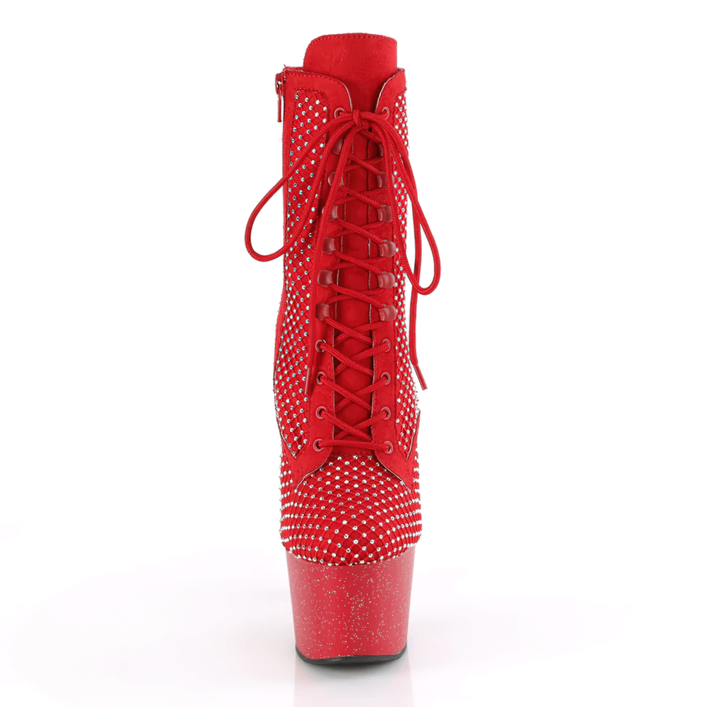 Sparkling red glitter rhinestone lace-up ankle boots with a high heel and platform for a daring stylish look.