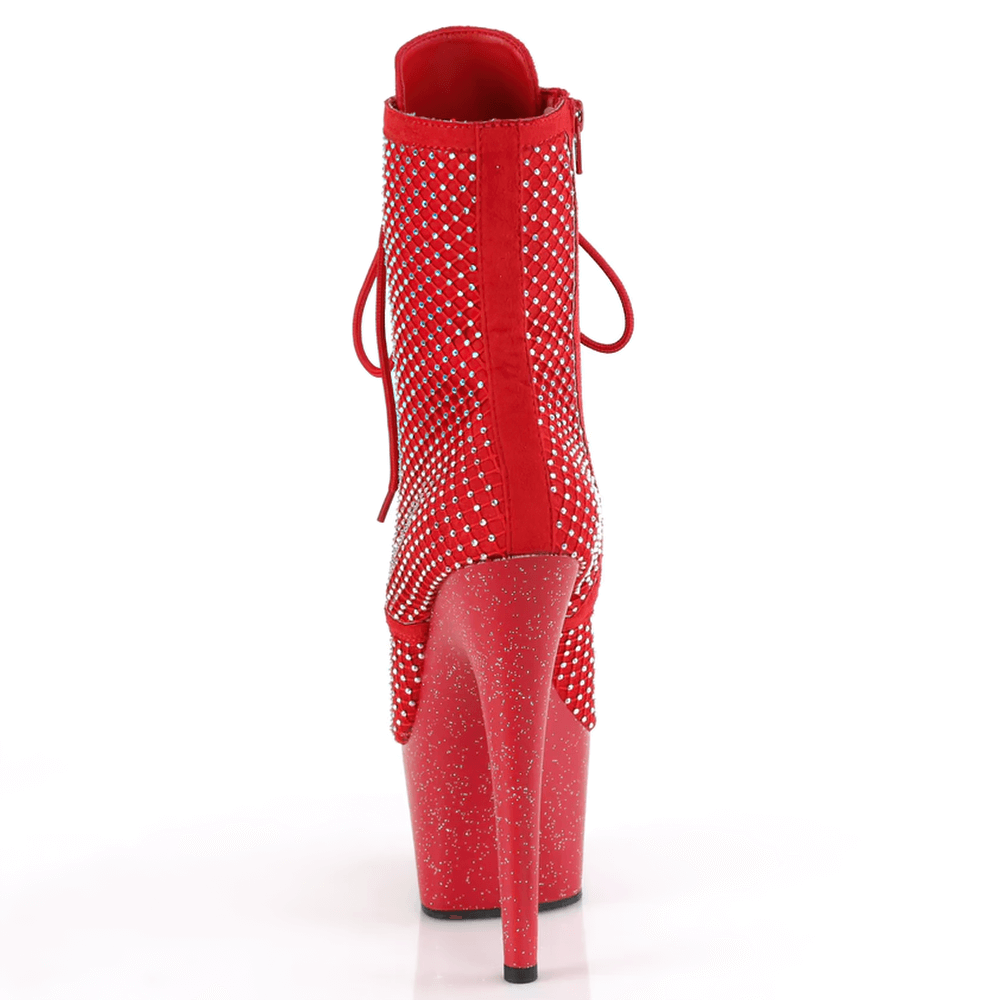 Back view of PLEASER Red Glitter Rhinestone Lace-Up Ankle Boots showcasing stunning AB rhinestone mesh and 7-inch heel.