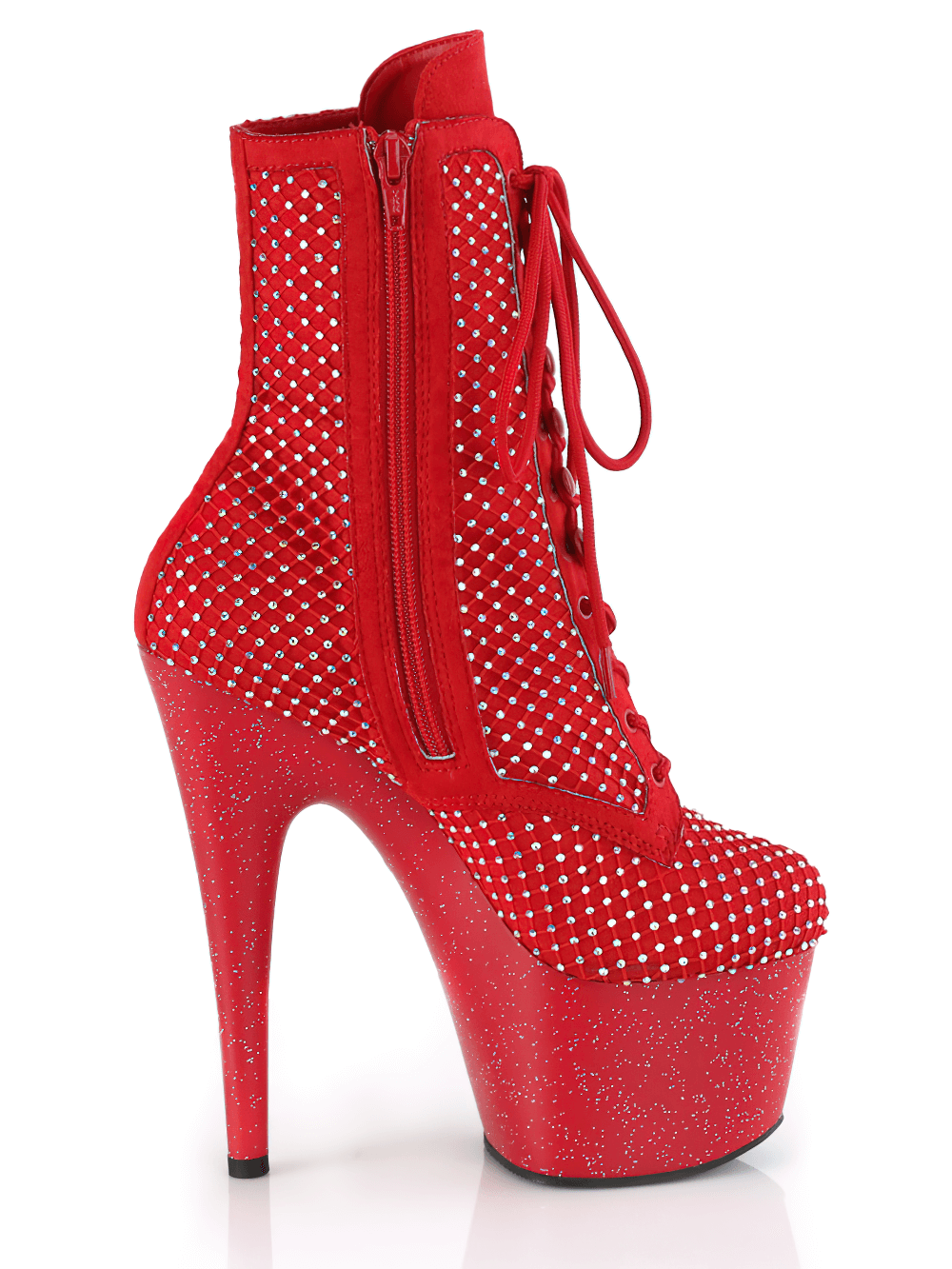 Sparkling red lace-up ankle boots with rhinestone mesh and 7-inch heel, featuring a side zip for easy wear.