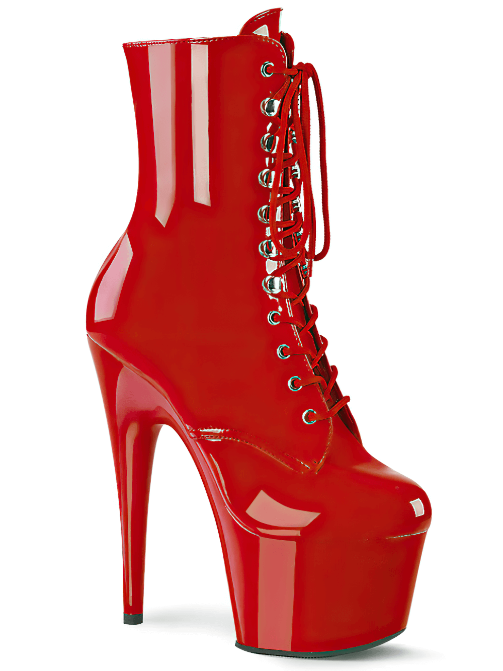Bold red lace-up ankle boots with 7-inch stiletto heel and platform for a stunning fashion statement.