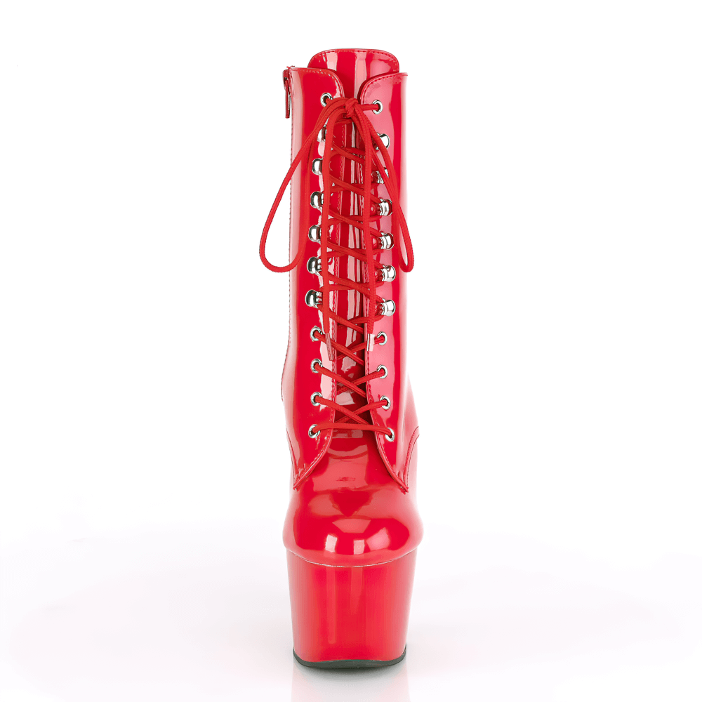 Bold red lace-up ankle boots with 7-inch stiletto heel and platform, perfect for stylish statement looks.