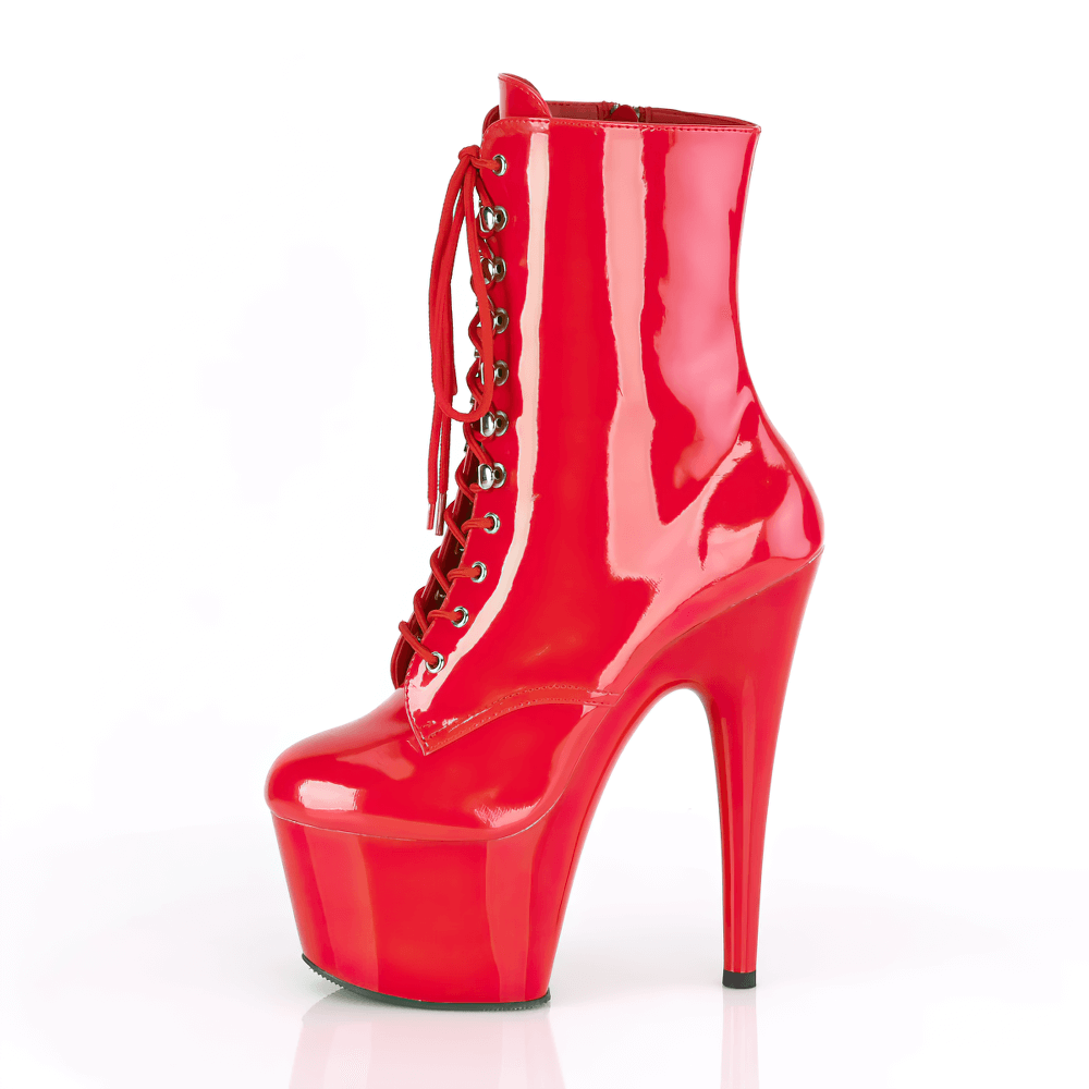 Bold red lace-up ankle boots with 7-inch stiletto heel and platform, perfect for making a fashion statement.