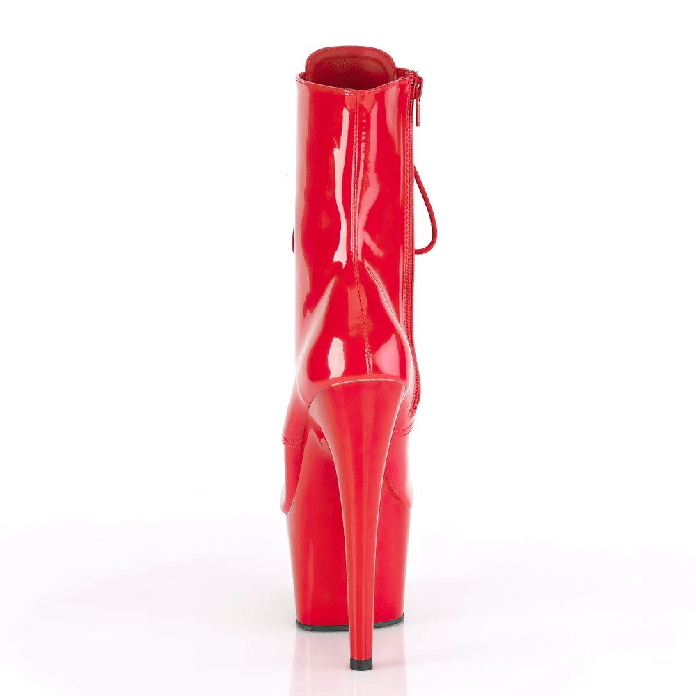 Back view of bold red lace-up ankle boots with 7-inch stiletto heel and side zip.