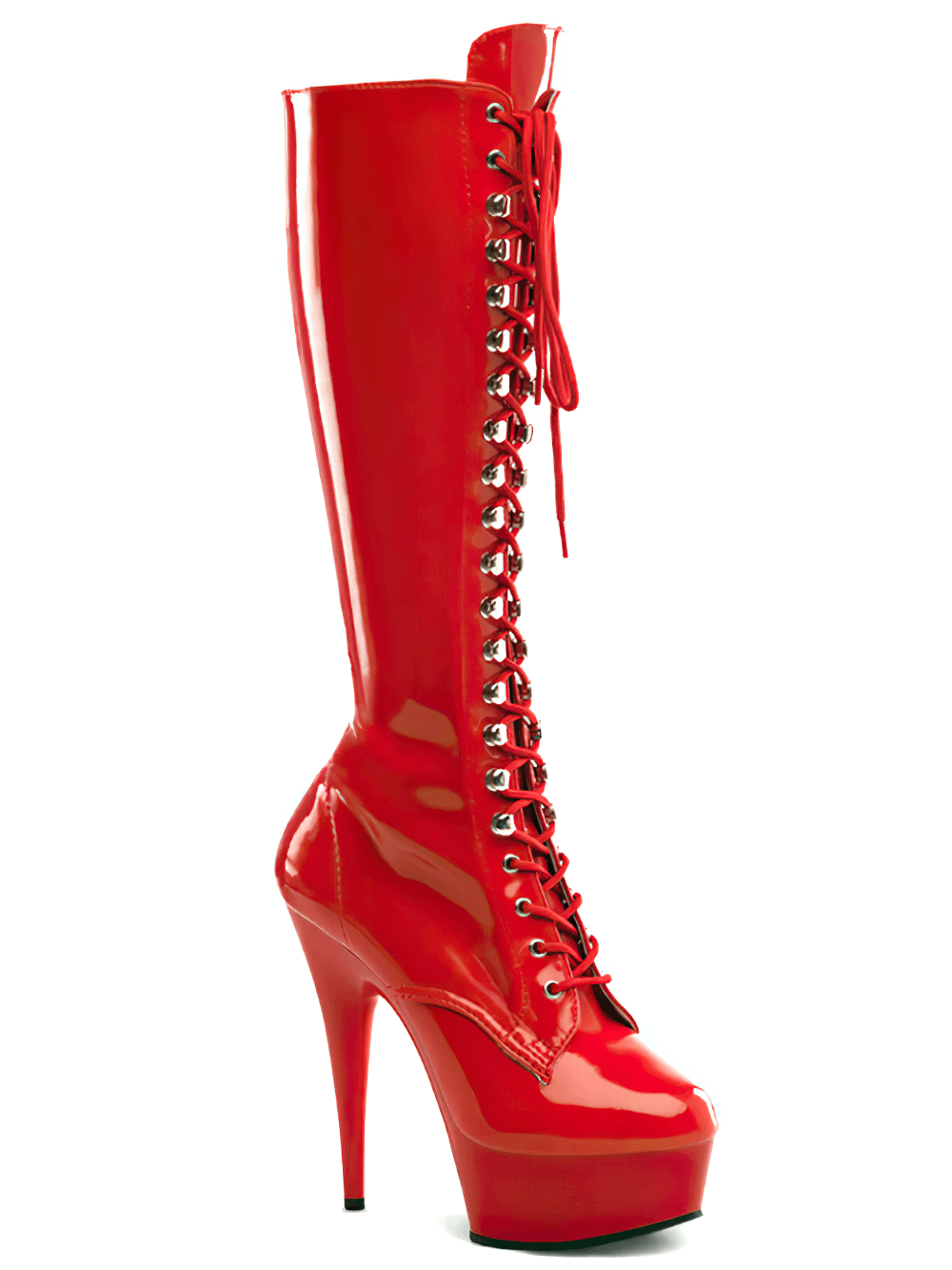 Bold red lace-up knee-high boots with 6-inch stiletto heel and platform for a striking look.
