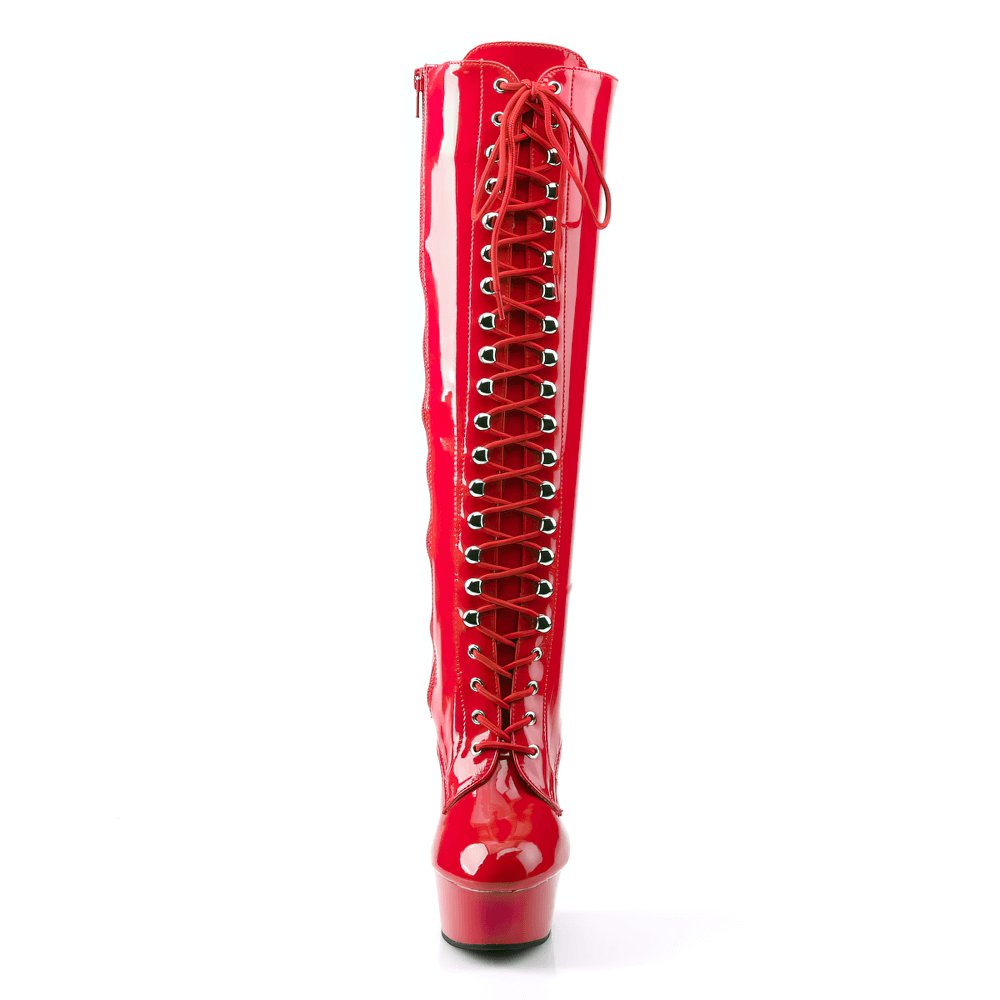 Bold red lace-up knee-high boots with 6-inch stiletto heels and platform, exuding chic style.