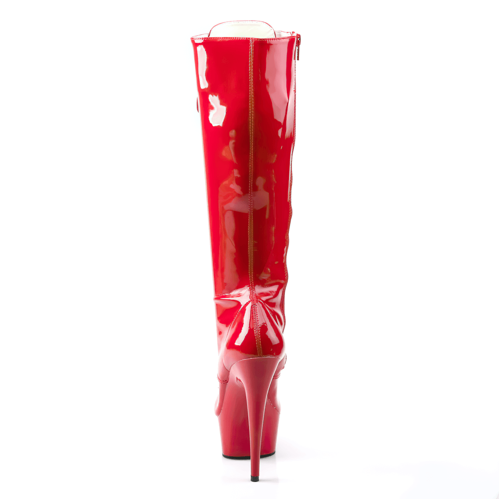 Bold red knee-high lace-up boots with sleek stiletto heel and shiny material, perfect for making a statement.