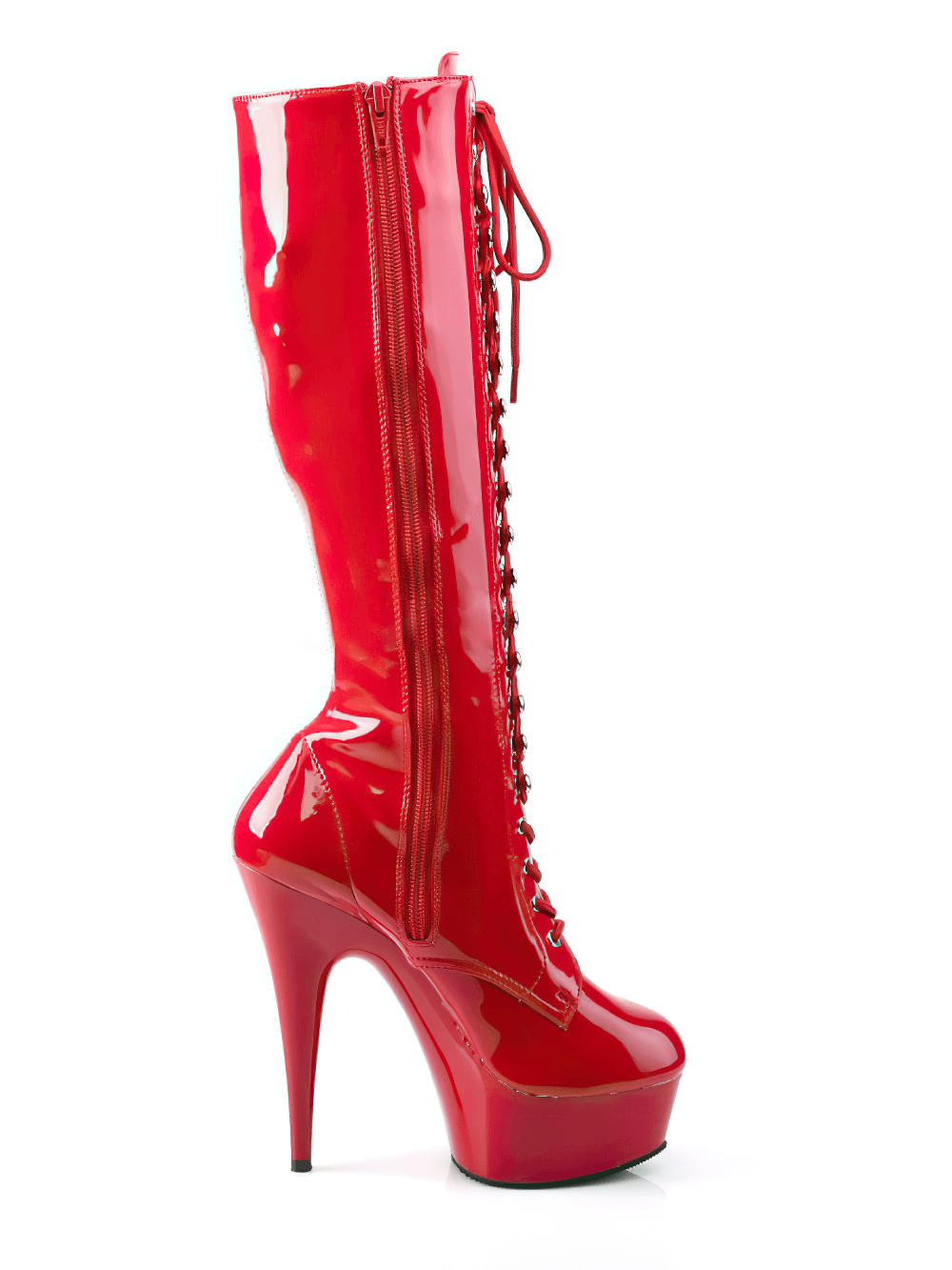 Bold red lace-up knee-high boots with 6-inch stiletto heel and platform.