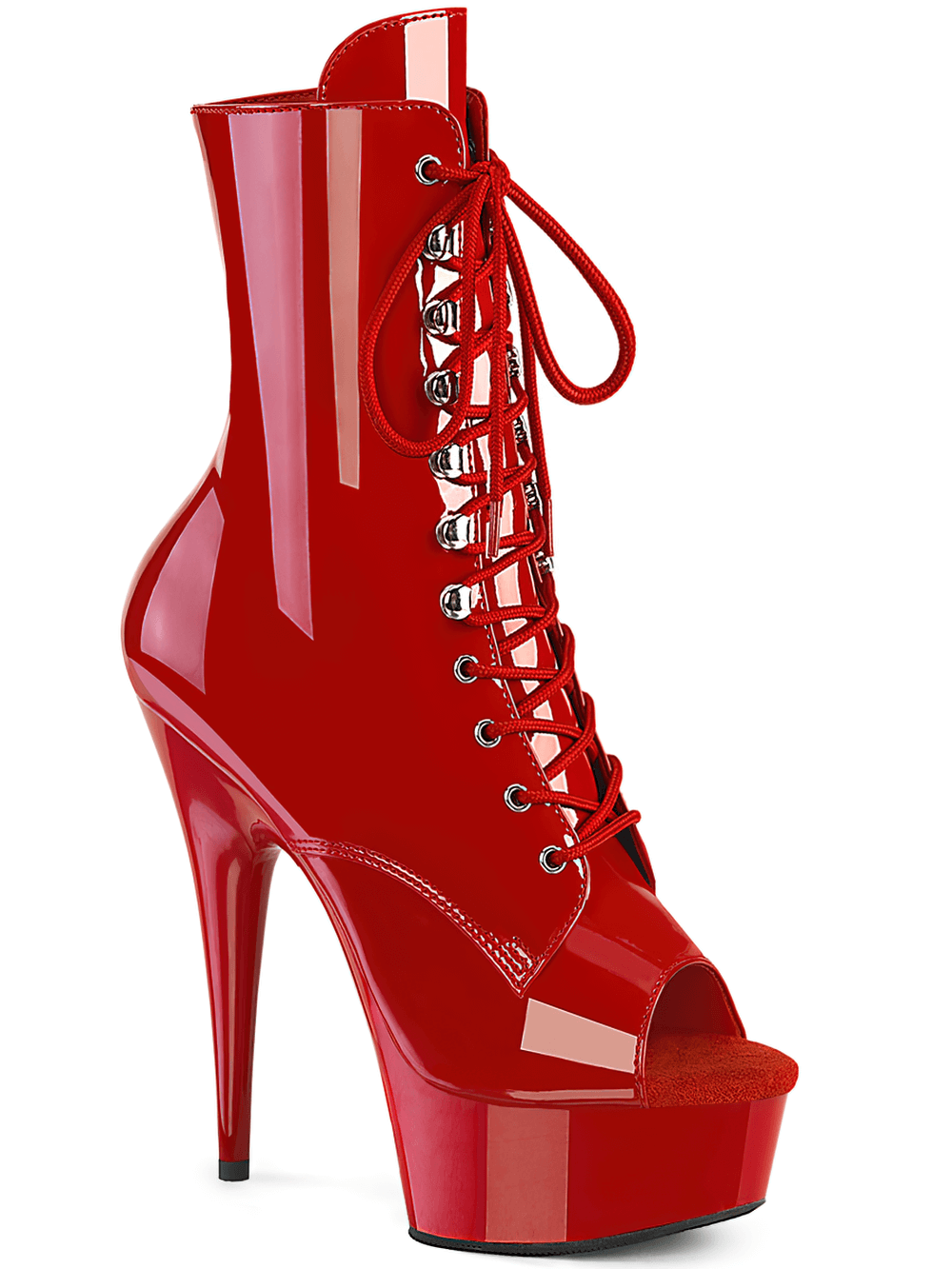 Bold red lace-up peep toe ankle boots with 6-inch heels and inner zip closure.