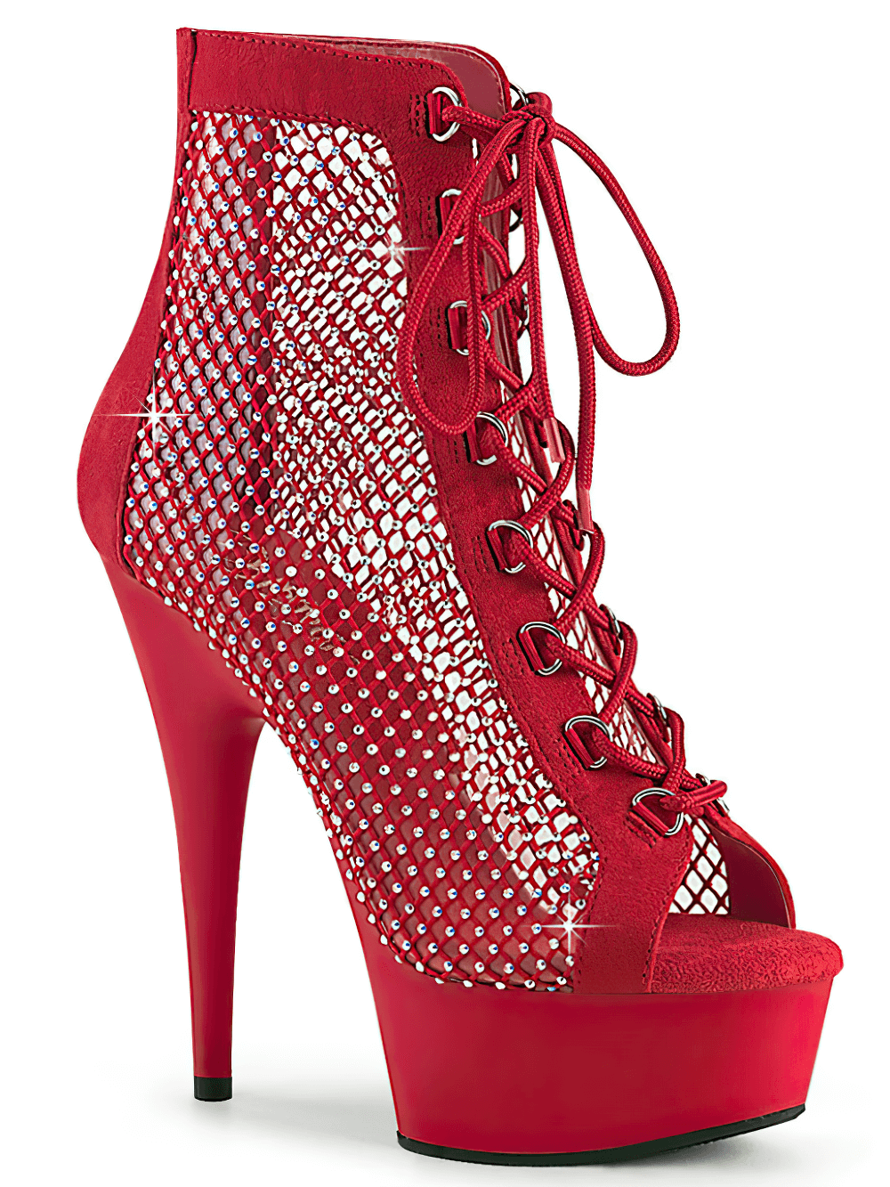 Striking red lace-up peep-toe ankle boots with rhinestone mesh, featuring a bold stiletto heel and platform.