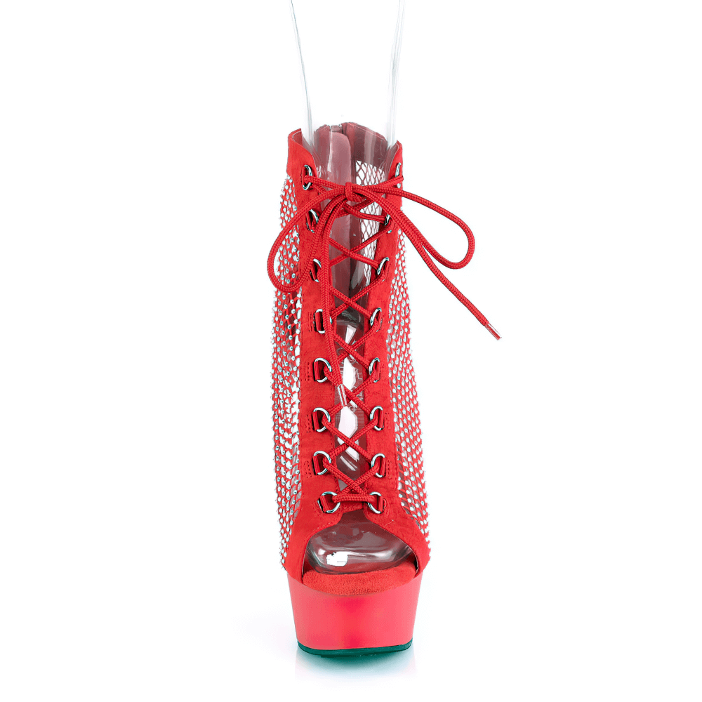 Striking red lace-up peep-toe ankle boots with rhinestone mesh and platform heels, perfect for glamorous nights out.