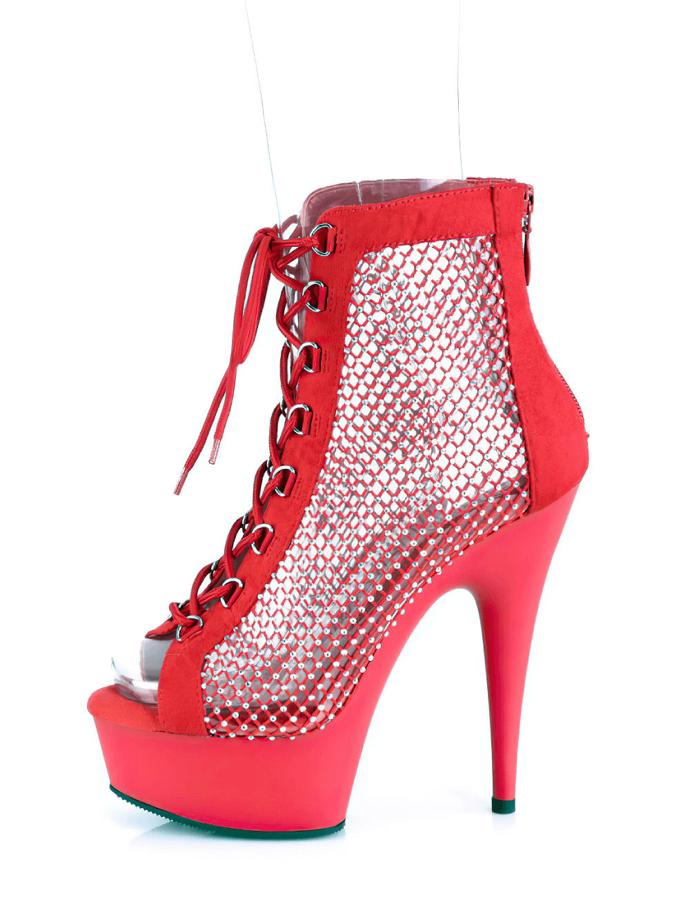 Striking red lace-up peep-toe ankle boots with rhinestone mesh and 6-inch heels, ideal for glamorous outfits.