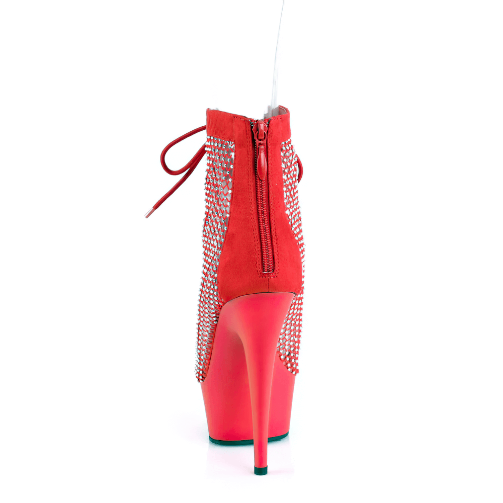 Red lace-up ankle boots with peep-toe and rhinestone mesh, showcasing a stunning 6-inch stiletto heel.