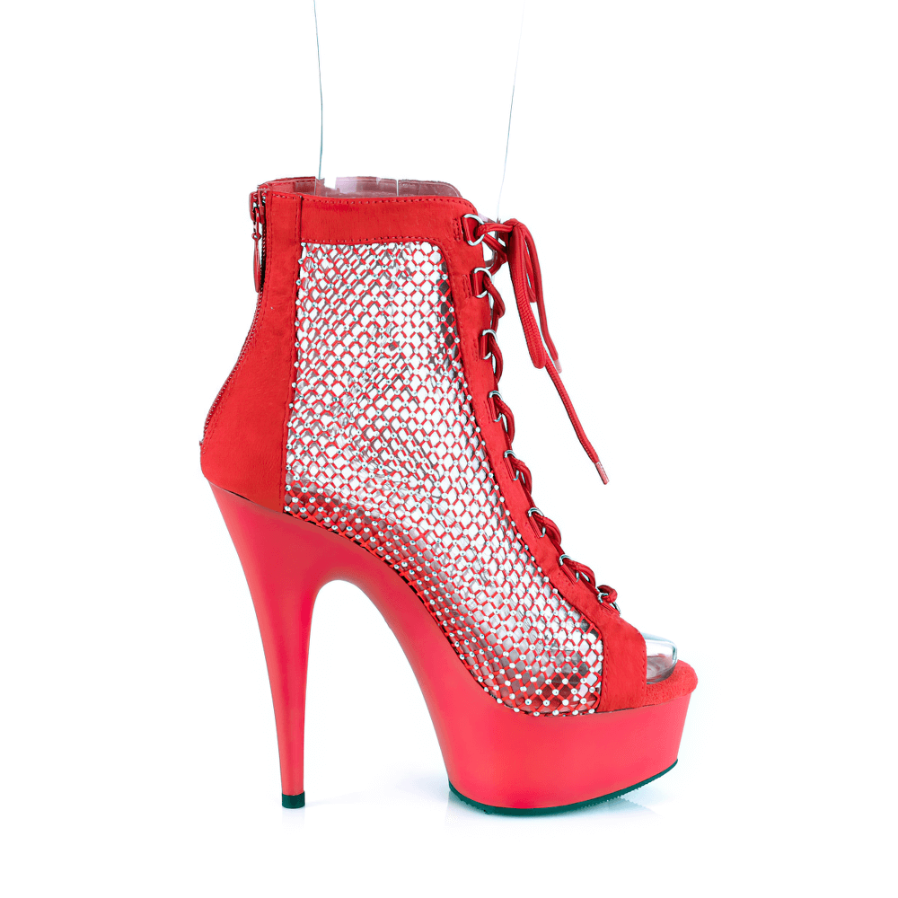Striking red lace-up peep-toe ankle boots with rhinestone mesh and 6-inch stiletto heel for a glamorous look.