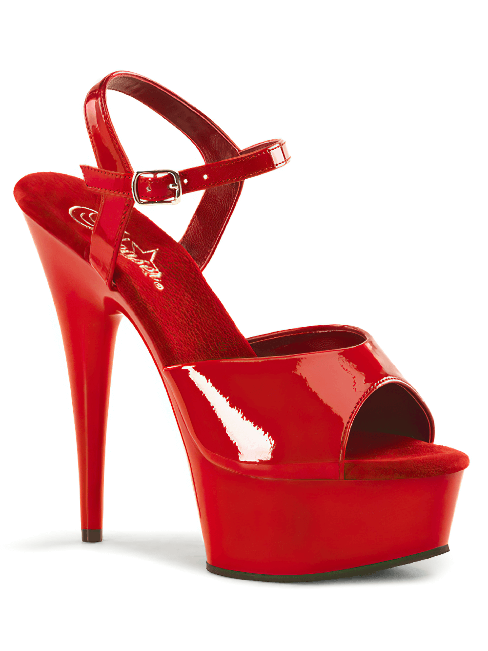 Bold red peep toe stiletto sandals with platform and adjustable strap, perfect for elegant nights out.