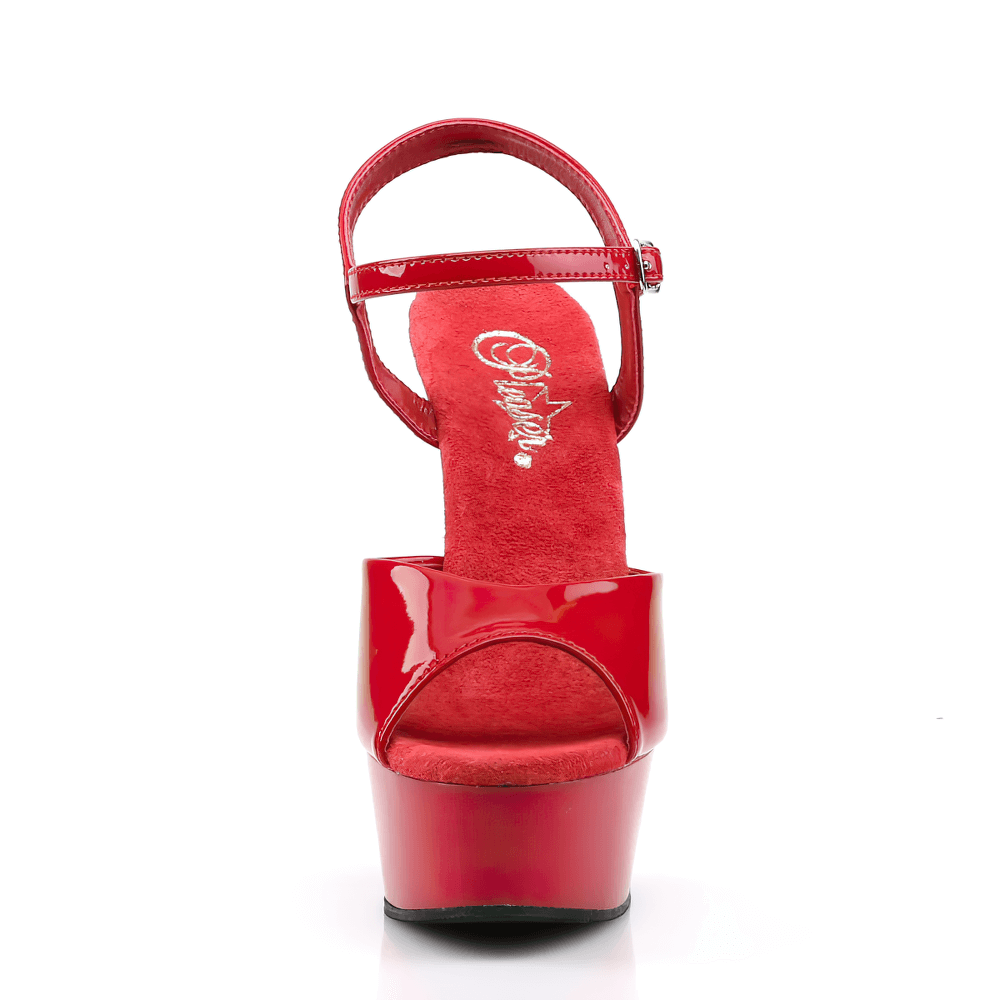 Red peep toe stiletto sandals with platform, adjustable strap for elegant nights out.