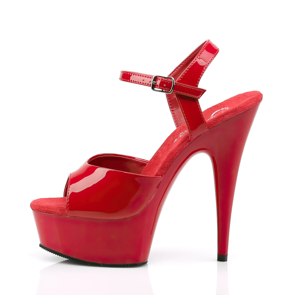 Elegant red peep toe stiletto sandals with platform and adjustable strap, stylish high heels for any occasion.
