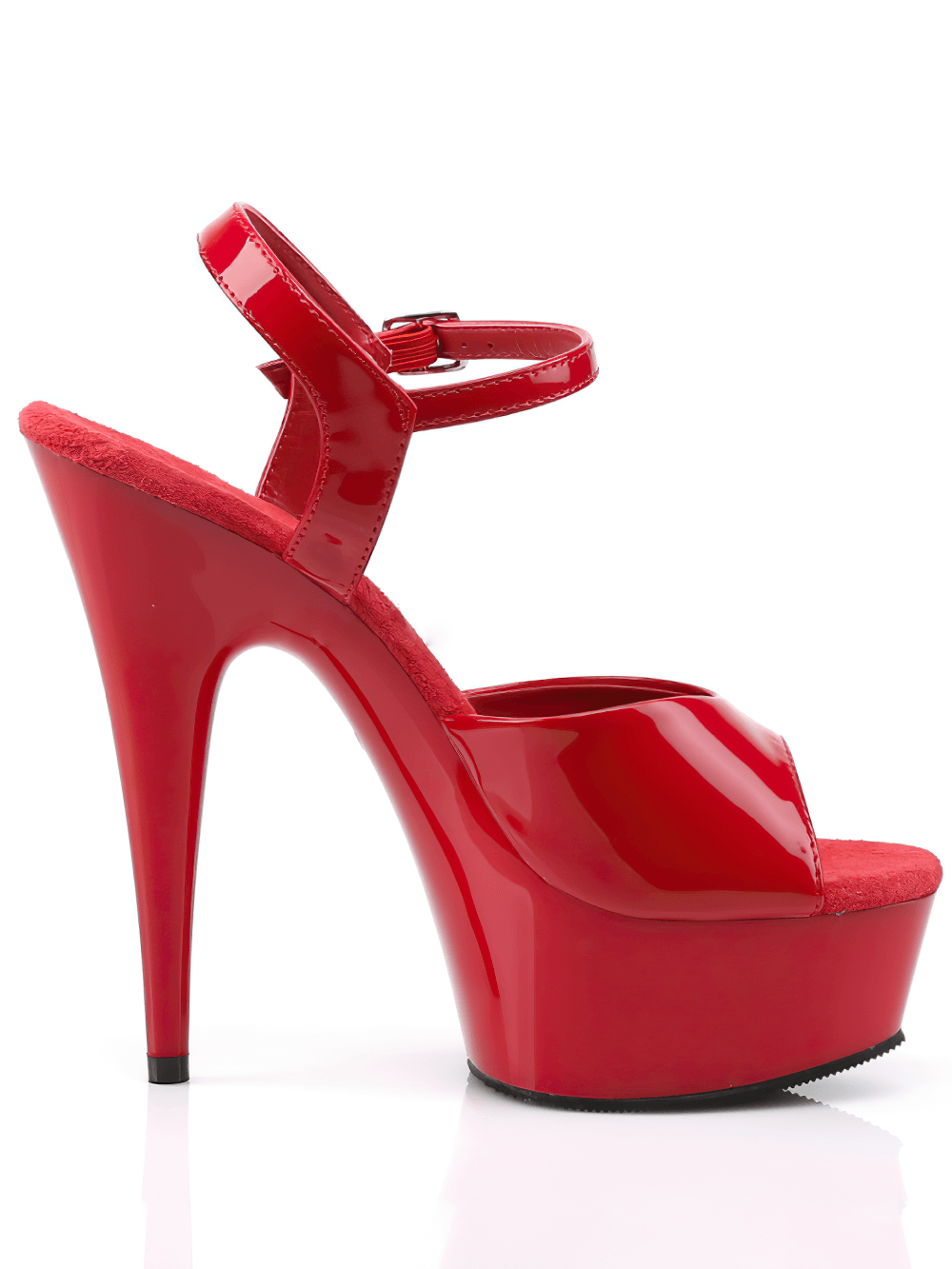 Elegant red peep toe stiletto sandals with platform, featuring an adjustable strap and stylish high heel design.