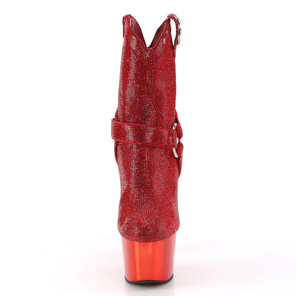 Back view of stunning PLEASER red rhinestone ankle boots with chrome platform and detachable straps.