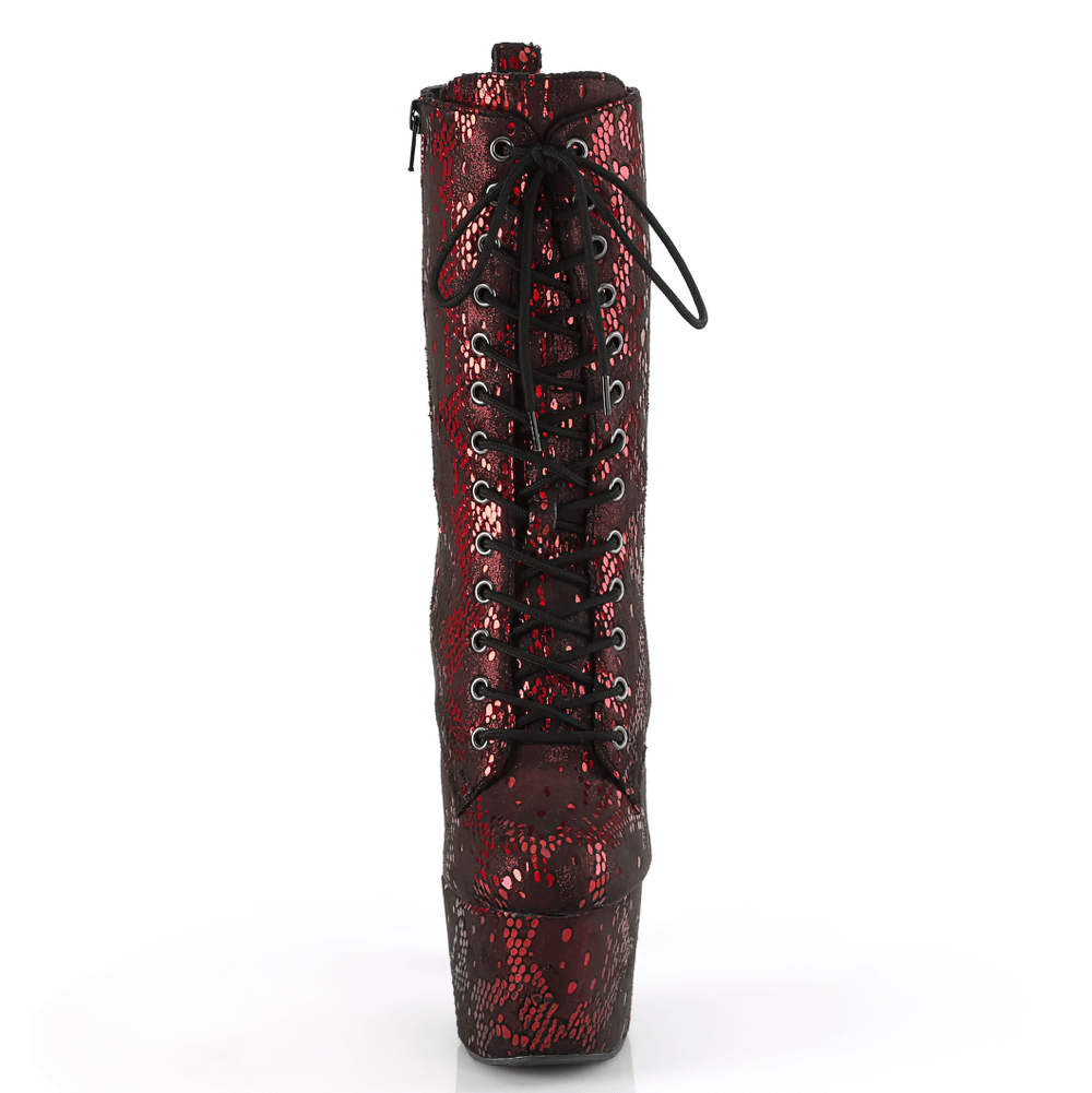 Bold red snake print lace-up ankle boots with high heel and platform, perfect for making a stylish statement.