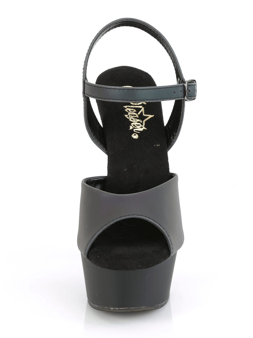 Back view of PLEASER Reflective Ankle Strap Sandals with 6-inch heels, showcasing sleek black design and platform.