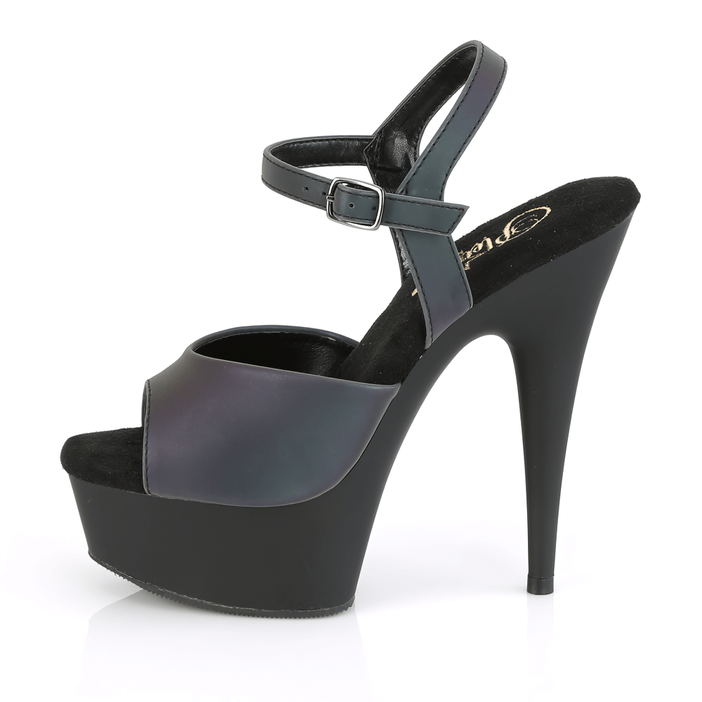 Reflective ankle strap sandals with platform heels, showcasing a stunning green-black sheen for bold style.