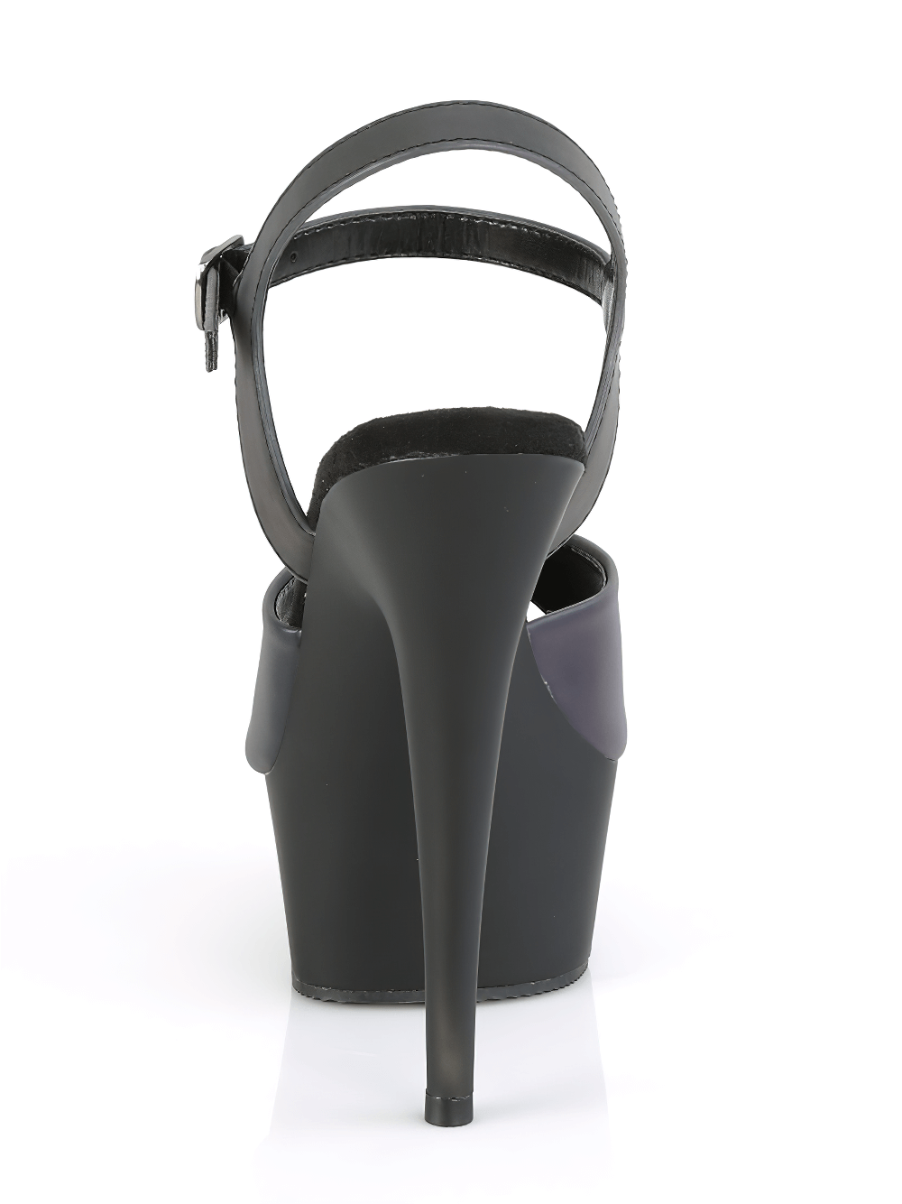 Back view of PLEASER reflective ankle strap sandals with high platform heels in black, showcasing sleek design and modern elegance.