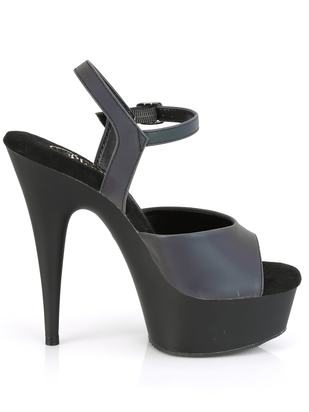 PLEASER reflective ankle strap sandals with platform heels, stylish black and green tones for bold looks.
