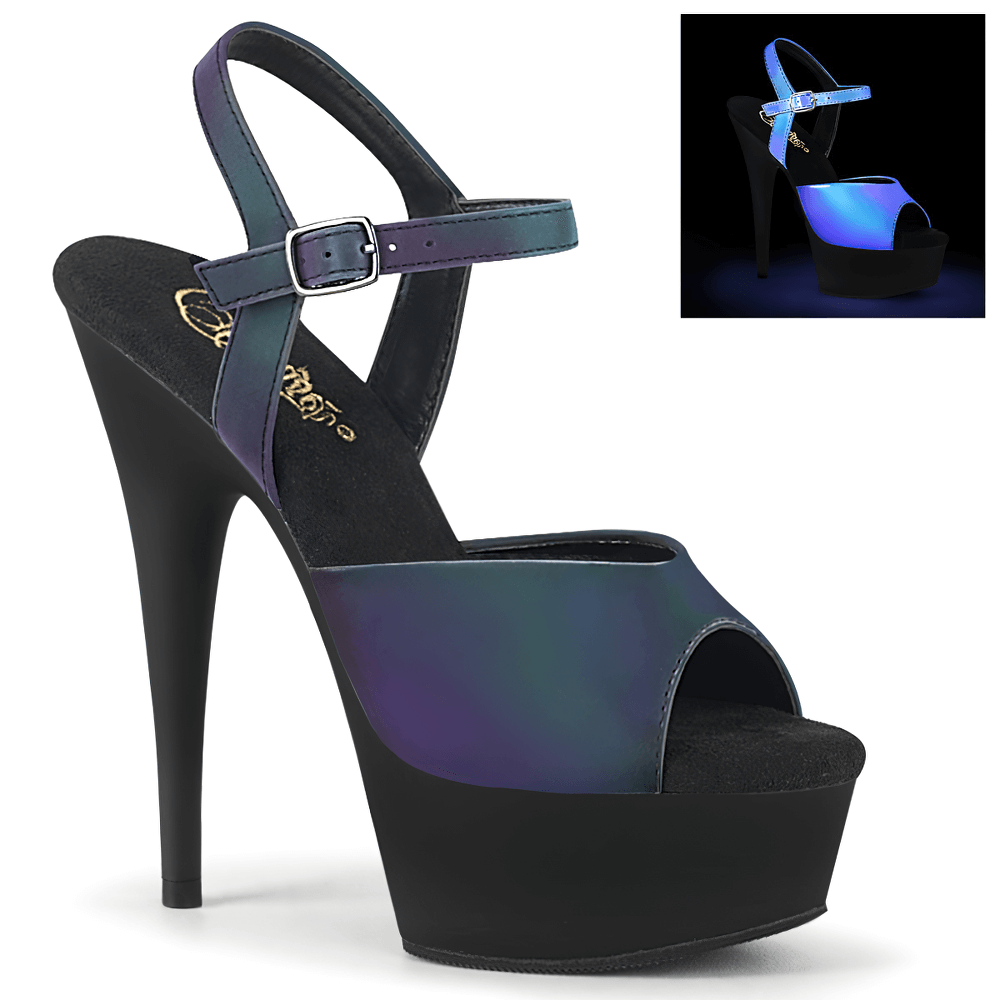 Eye-catching Pleaser reflective ankle strap sandals with platform heels, featuring a bold green and black design.