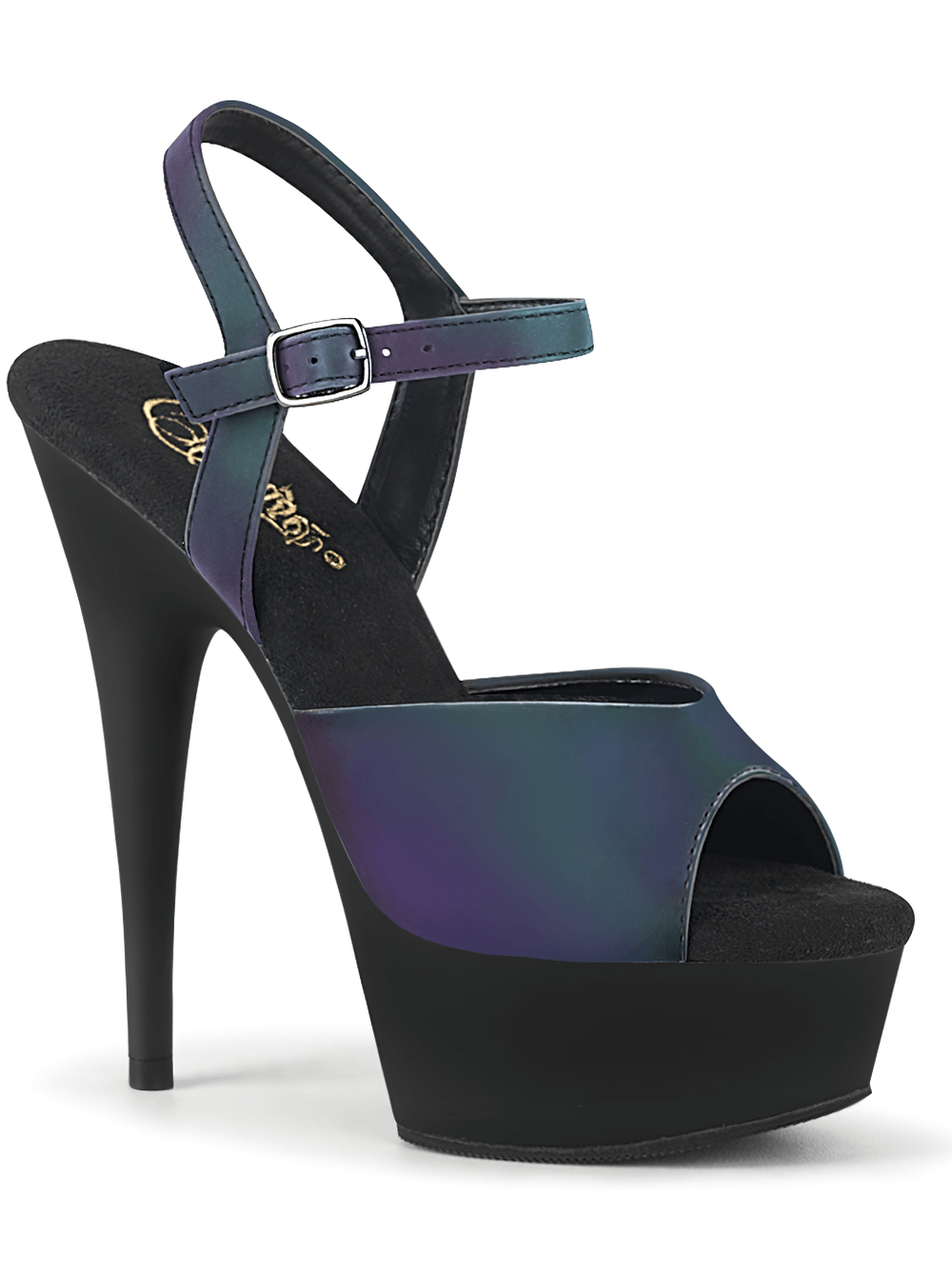 Stylish PLEASER reflective ankle strap sandals featuring a 6-inch heel and a bold platform in green and black tones.
