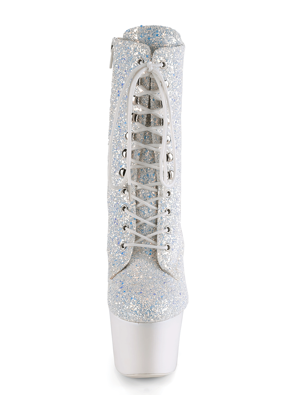 Sparkling holographic lace-up ankle boots with side zip and towering platform heel.