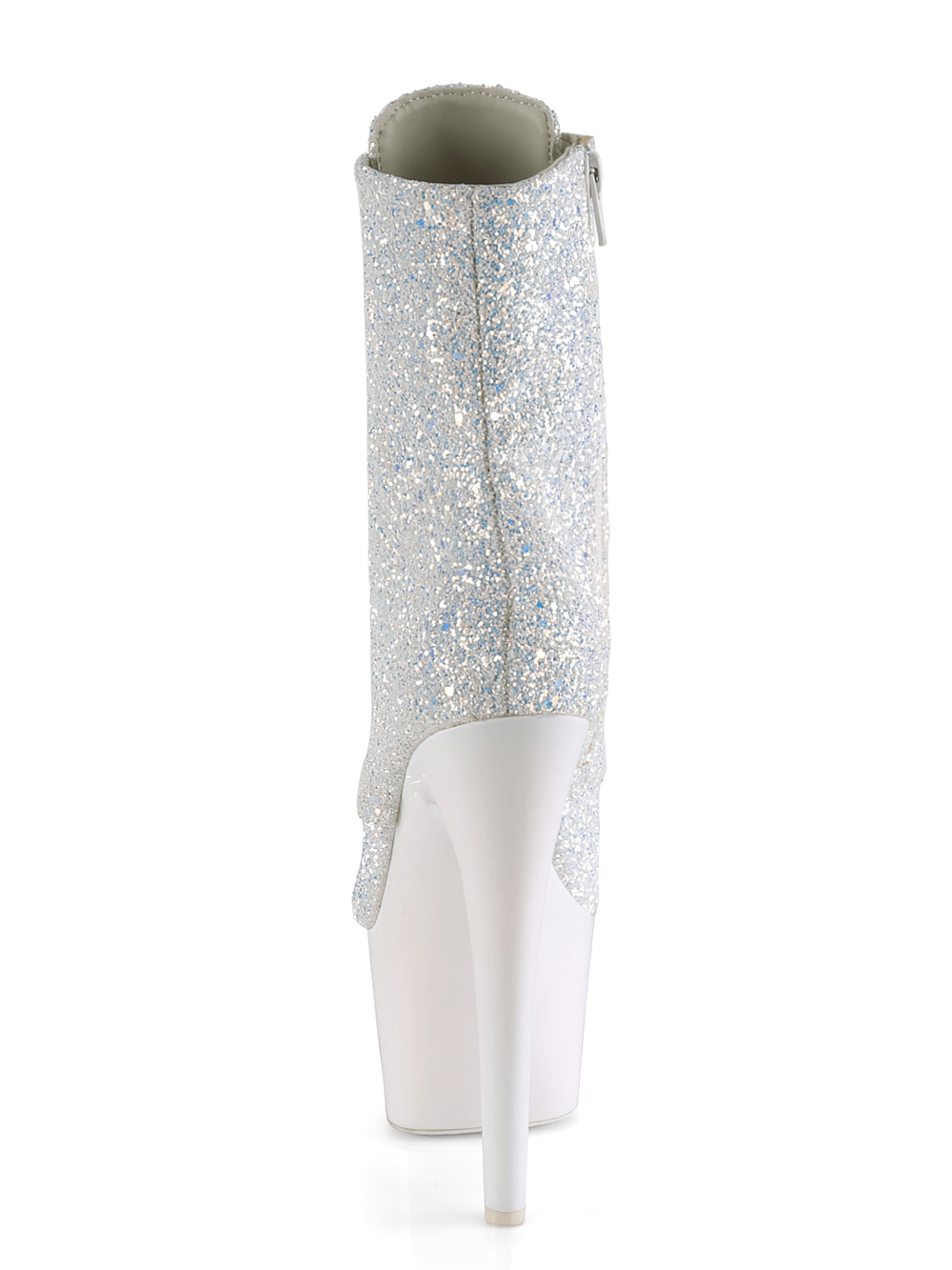 Rear view of PLEASER Reflective Glitter Lace-Up Ankle Boots showcasing shimmering holographic glitter and a high heel.